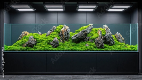 Aquarium landscape with rocks and lush green plants illuminated indoors