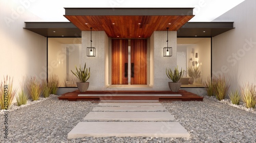 Modern home exterior with wooden door and stone pathway architecture