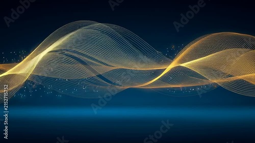 Golden light waves flowing over a dark blue abstract stage background