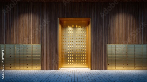 Elegant golden elevator doors in a wooden panelled interior design