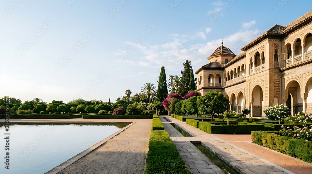 Fototapeta premium Elegant moorish palace with formal gardens and reflecting pool