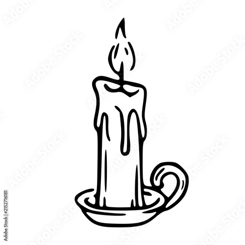 burning candle on vintage candlestick holder line art vector illustration