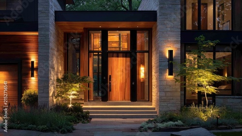 Modern home exterior architectural design with illuminated entrance