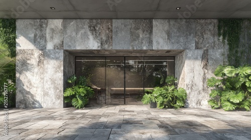 Modern architectural facade with glass doors and lush green plants in daylight
