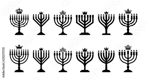 Royal Menorah Icons, Jewish Hanukkah Symbols, Black and White Vector Graphics, Religious Celebration Elements
