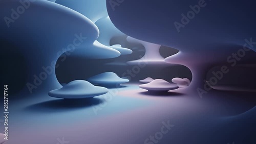 Surreal abstract landscape with blue and pink shapes.