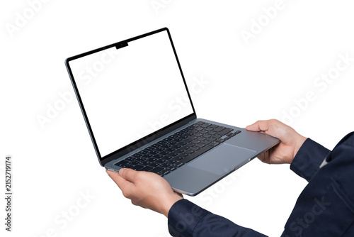 Side view of businessman hands holding laptop notebook pc with blank screen for copy space, isolated on a transparent background. Concept for online shopping, e-commerce, business, finance.