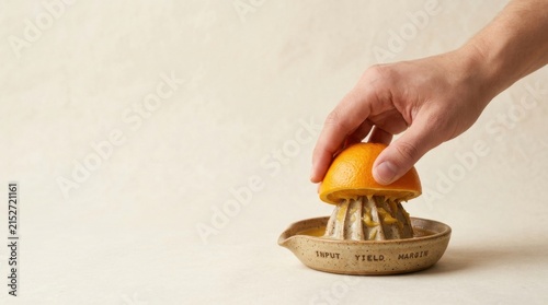 Individual squeezing orange into bowl illustrating profit margin improvement by extracting value from existing input
