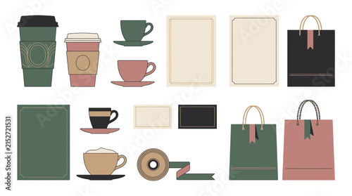 Coffee Shop Elements: Cups, Bags, Cards, Frames, Ribbon, Transparent Background