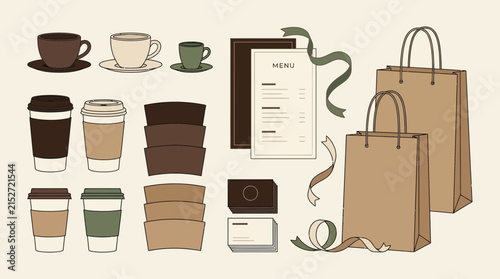 Coffee Shop Objects Collection: Cups, Bags, Menu, Sleeves - Isolated