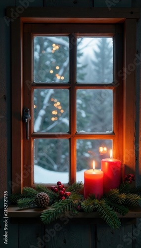 Rustic window with advent candles & fir garland, light, warm
