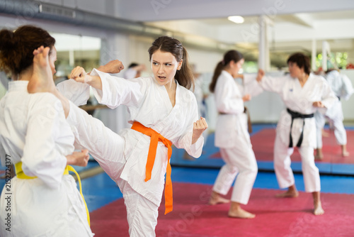 Картината върху платно In gym, female athletes work in pairs and learn to use classic karate techniques to repel opponents blow, hone melee skills, strengthen spirit