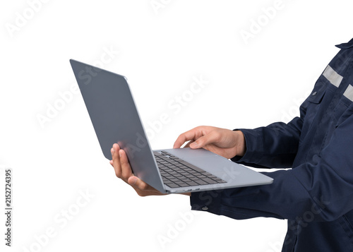 Close up of male engineer hands holding an open modern laptop computer, perfectly isolated on a transparent background. Concept for digital technology, online business and industry.