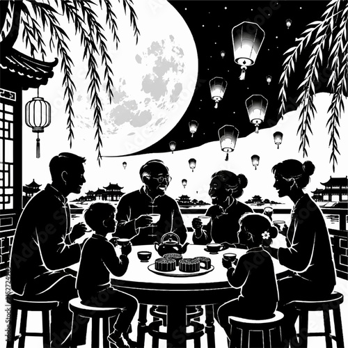 Asian Family Celebrating Mid-Autumn Festival Under Full Moon, Black and White Vector Illustration