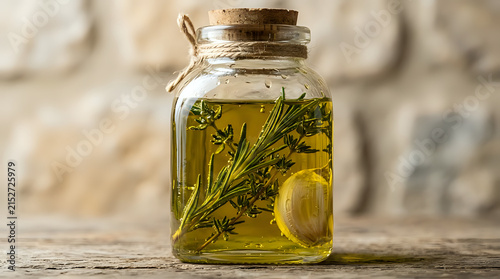 Homemade infused olive oil in glass jar with rosemary sprigs and garlic clove cooking oil culinary art food prep rosemary ingredient culinary homemade