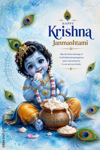 Krishna Janmashtami Poster with Baby Krishna and Butter Pots