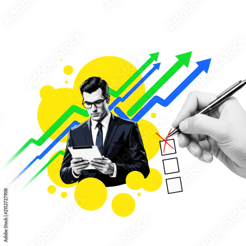 Businessman checking tablet with growing graph and checklist on transparent background.