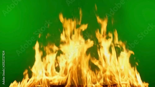 Fire Flames Burning on Green Screen Background, Horizontal Chroma Key