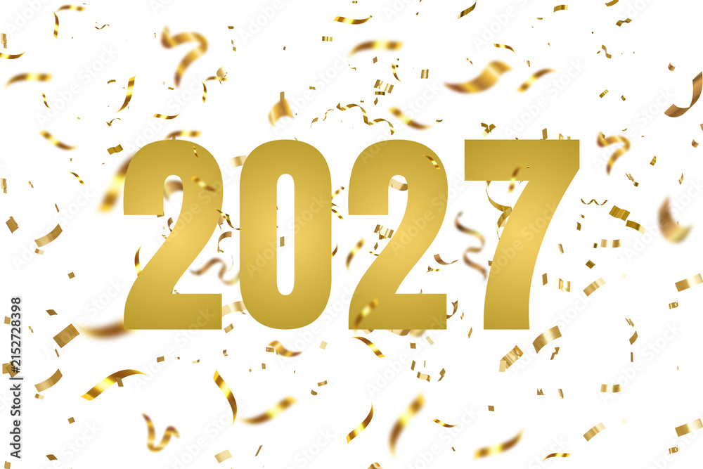 Obraz premium New Year 2027. Golden numbers 2027 surrounded by colorful confetti create a joyful scene, PNG