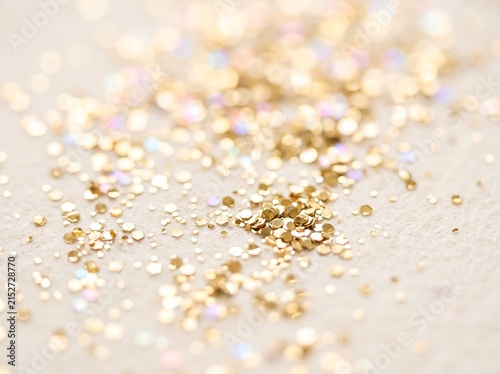 Macro view of gold glitter particles on textured surface with particles metallic background glamorous