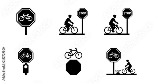 Bicycle Stop Sign Icons, Cyclist Traffic Safety Symbols, Pedestrian Crossing Vector Set