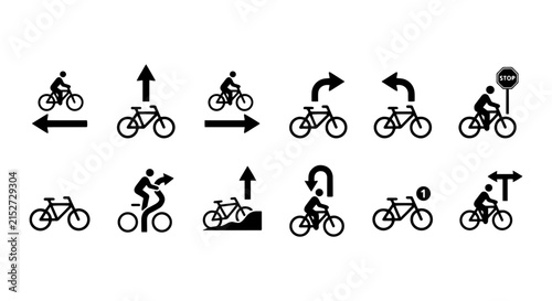 Bicycle Icons Set: Cycling Directions, Traffic Signs, and Movement Symbols