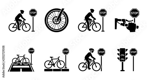 Bicycle Safety Icons, Cyclist Stop Signs, Traffic Signals, Vector Graphics