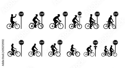 Cyclist Silhouette Icons, Bicycle Stop Sign Poses, Vector Graphics Set