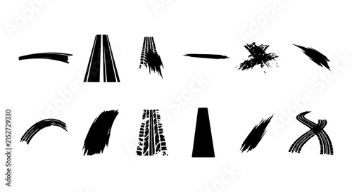 Grunge Brush Stroke Road and Tire Track Vector Elements, Black Ink Splatter and Line Art