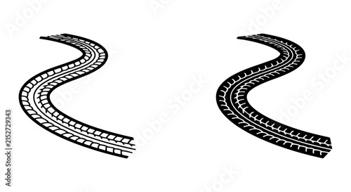 Tire Track Vector Art, Black and White Road Path, Driving Journey Symbol