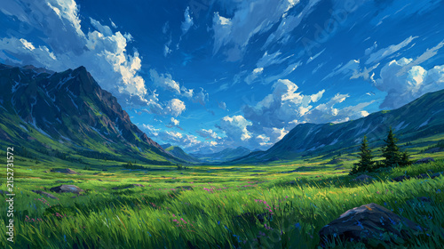 Expansive green valley under a dramatic blue sky with fluffy white clouds, landscape