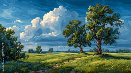 Green meadow with ancient trees under a dramatic stormy sky landscape countryside