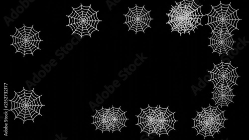 Random small spider web shooting pop up animation, cobweb web shooter overlay on black background.