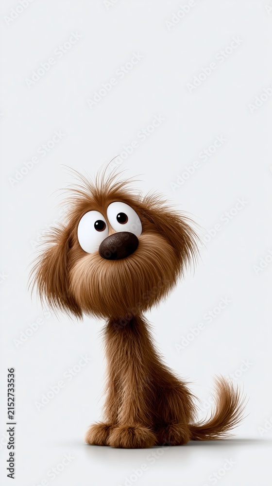 Fototapeta premium An adorable 3D rendered brown fluffy dog character with big expressive eyes and a cute nose, isolated on a plain white background.