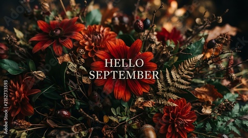 Autumn Bounty: A rich tapestry of fall blooms, including vibrant red dahlias, dried leaves, berries, and greenery, elegantly arranged to welcome the month of September.