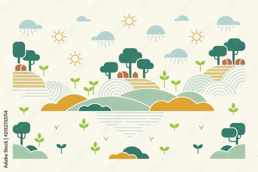 Fototapeta premium Flat landscape with rolling hills, trees, small houses, suns, and clouds for environmental awareness concept