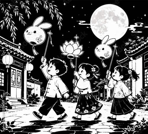 Children Carrying Rabbit and Lotus Lanterns During Mid-Autumn Festival, Black and White Vector Illustration