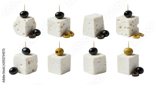 cubes of cheese with olives on toothpicks isolated on white background food styling recipes and culinary content