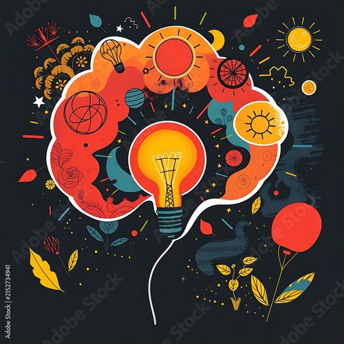 Creative Brainstorming with Lightbulb and Symbols.