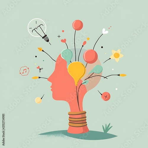 Creative Human Head with Light Bulbs and Ideas.