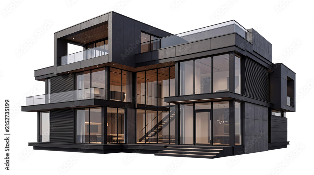 Fototapeta premium Dark modern multi-story luxury residence with extensive isolated on png transparent background