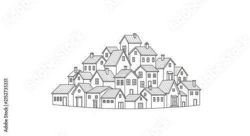 A black and white line drawing depicts a cluster of small houses stacked on top of each other, resembling a miniature mountain range.