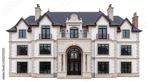 Quadro su tela Grand french-inspired mansion with white stone facade and isolated on png transp