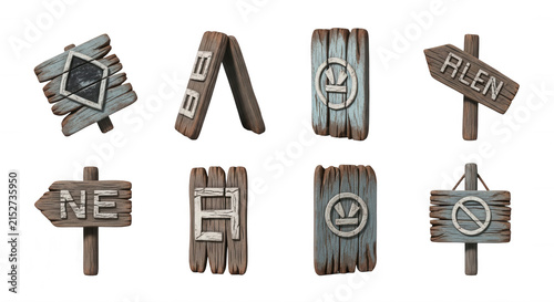 collection of eight weathered wooden signs on white background navigation indicating directions and providing information