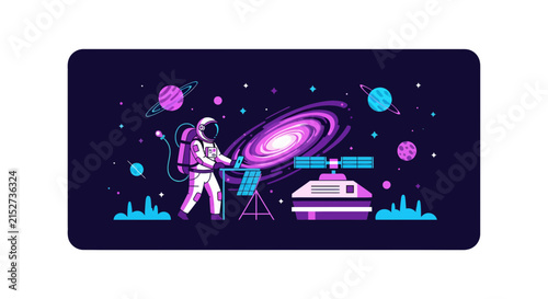 Astronaut Exploring Space with Telescope and Satellite