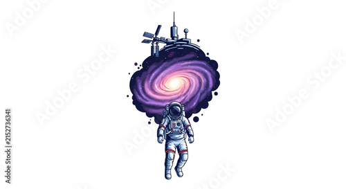 Astronaut Exploring Colorful Galaxy with Spacecraft Background
