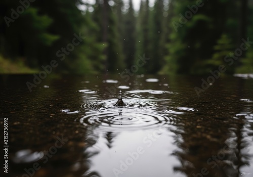 Raindrop creating ripples on a calm water surface in a forest.