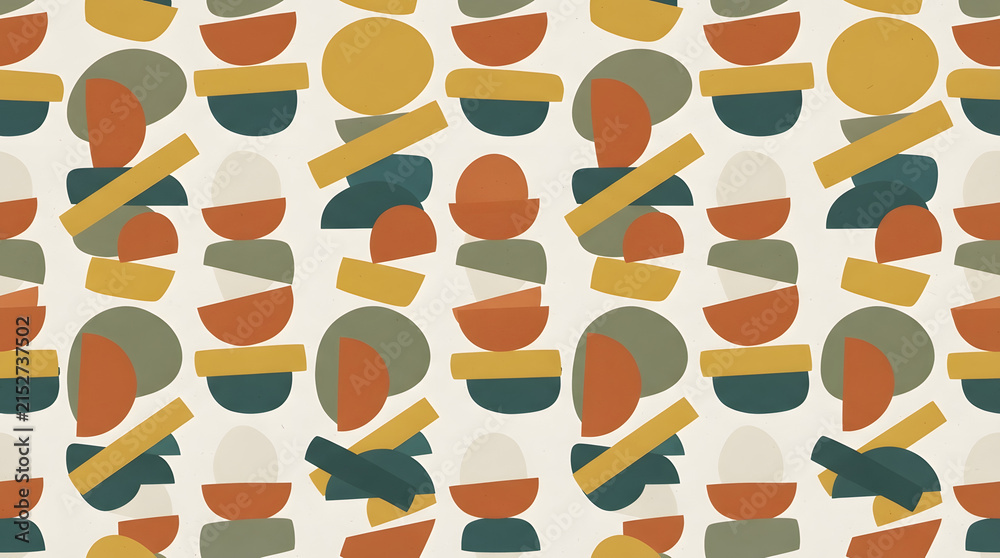 Seamless Mid-Century Modern Abstract Pattern Featuring Stacked Geometric Shapes and Cutout Ovals in Retro Earthy Tones and Teal