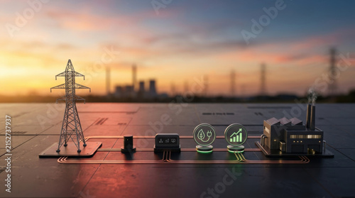 Renewable energy investment concept with smart grid power transmission and sustainable factory infrastructure