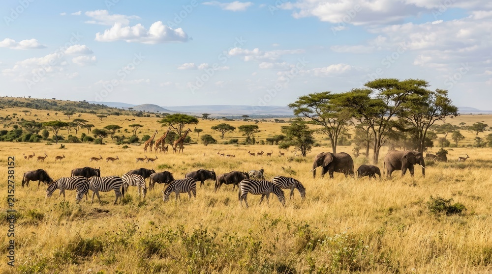 Obraz premium A herd of zebras and elephants graze in a vast, golden savanna landscape under a bright blue sky dotted with fluffy white clouds. Several giraffes and other zebras are also present in the field.